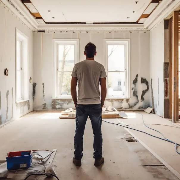 Man standing in an empty room under renovation with unfinished walls and ceiling.