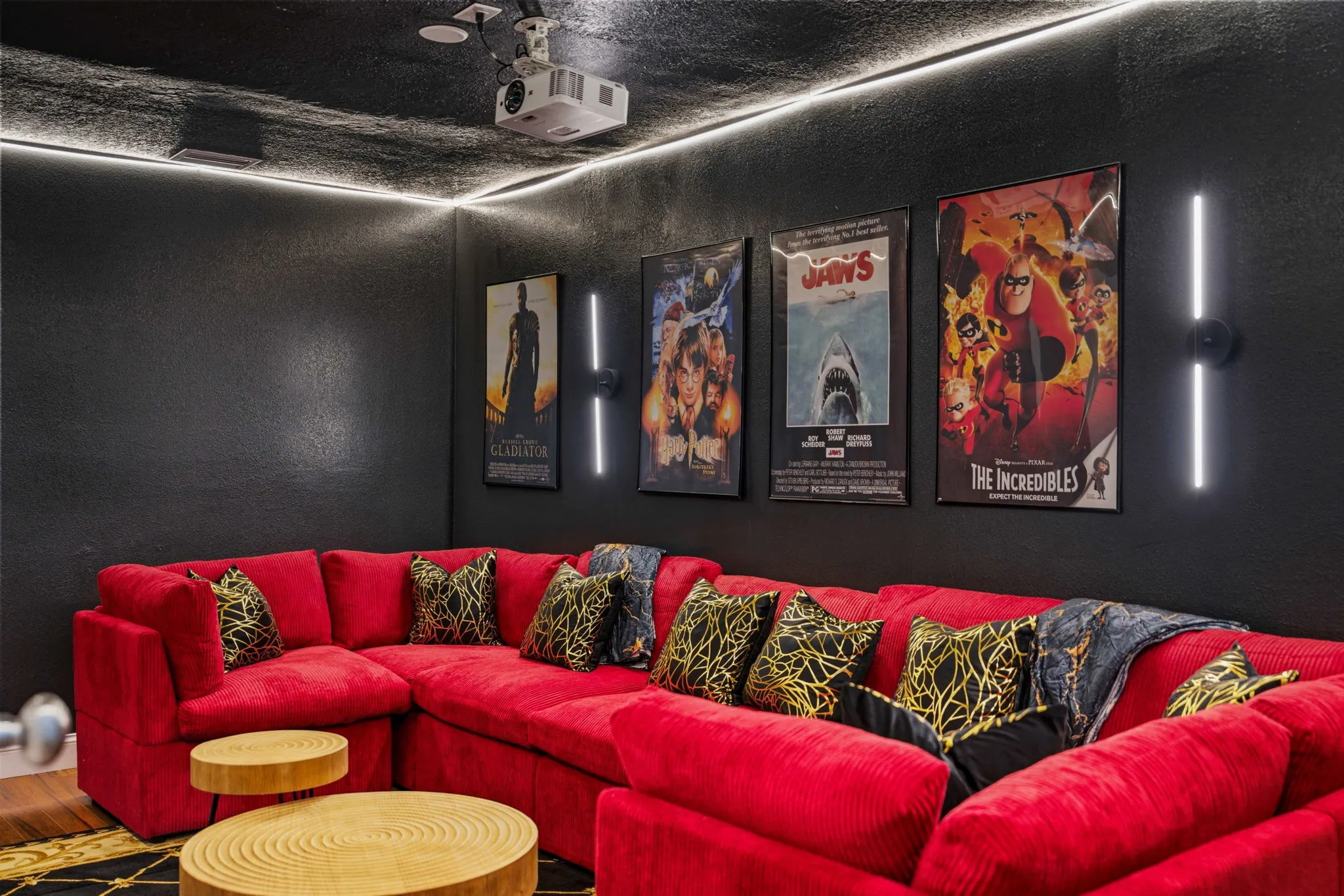 Modern home theater room with a red sectional sofa
