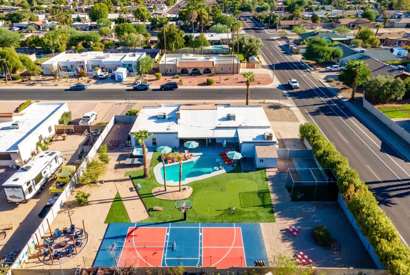 Aerial view of a residential backyard
